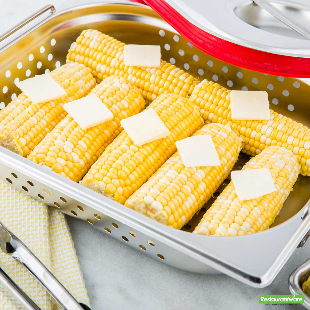 Wholesale Restaurantware Met Lux Rectangle Stainless Steel 1/2 Size Steam Table Pan 2.5 Inch Deep - Perforated, Anti Jam, Collapsible Handles- Bulk