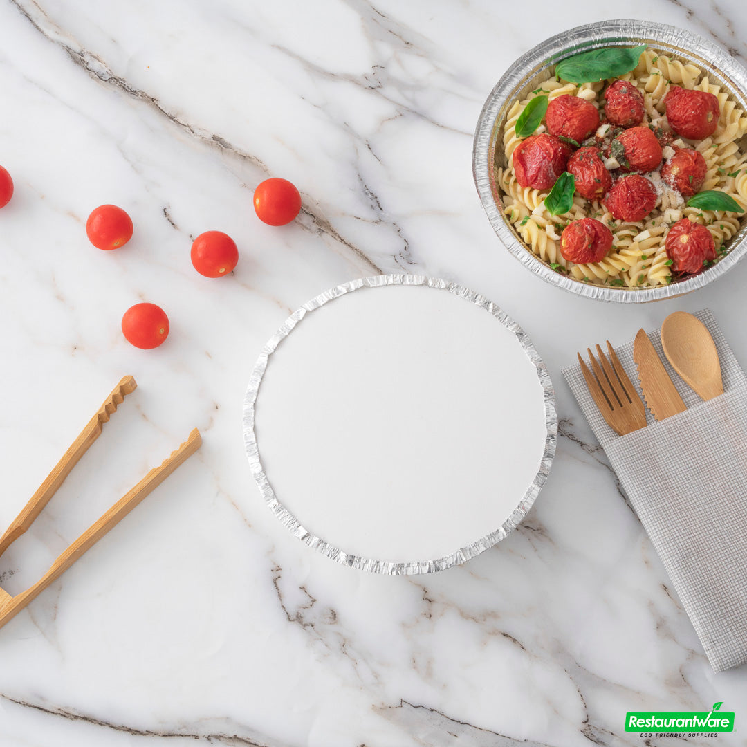 Wholesale Restaurantware Foil Lux Round White Paper Flat Foil-Laminated Board Lid - Fits 7" Take Out Pan- Bulk