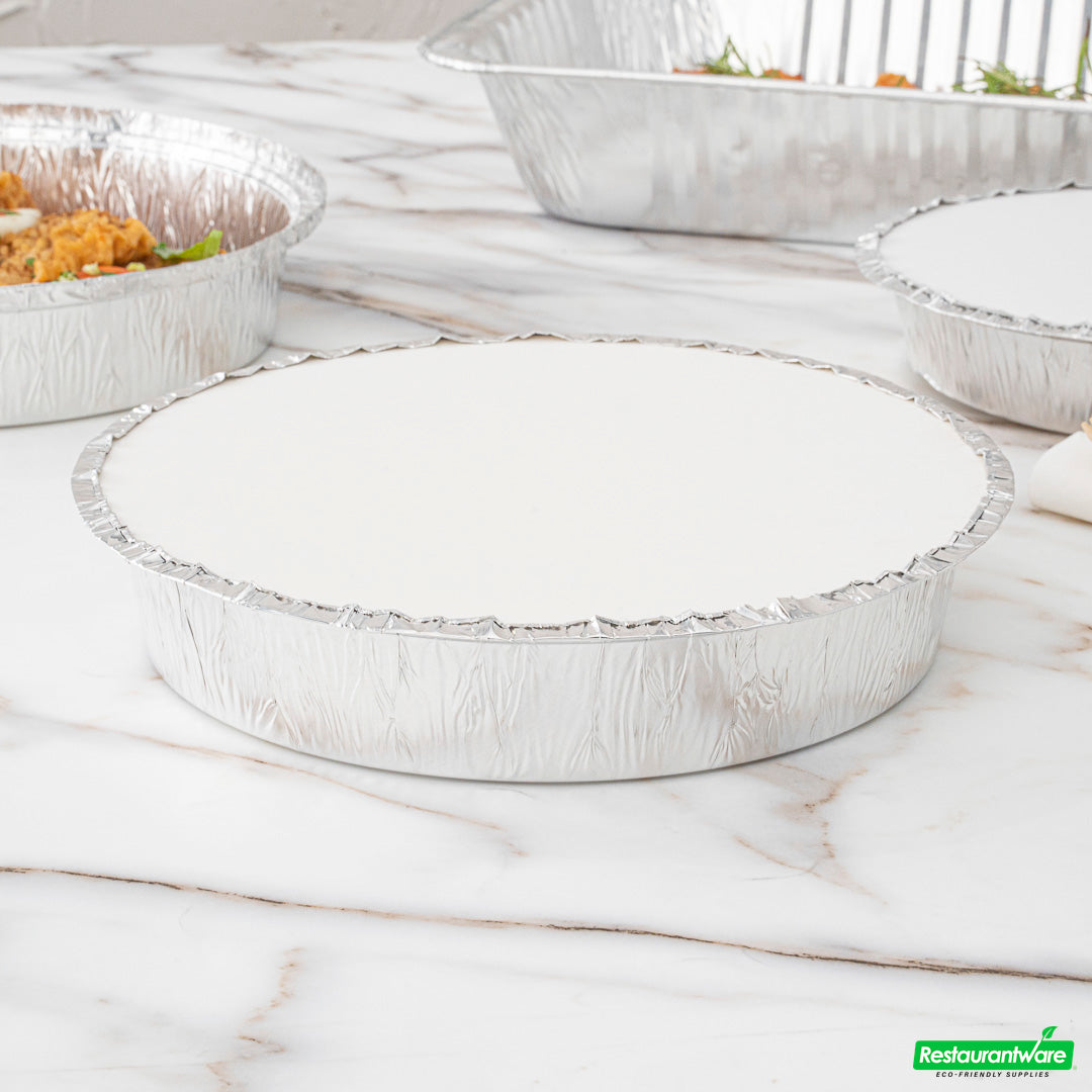 Wholesale Restaurantware Foil Lux Round White Paper Flat Foil-Laminated Board Lid - Fits 8" Take Out Pan- Bulk