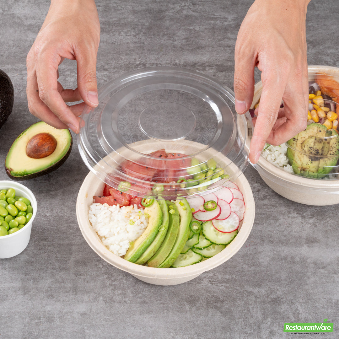 Wholesale Restaurantware Pulp Tek Round Clear Plastic Flat Lid - Fits Bagasse to Go Bowl- Bulk