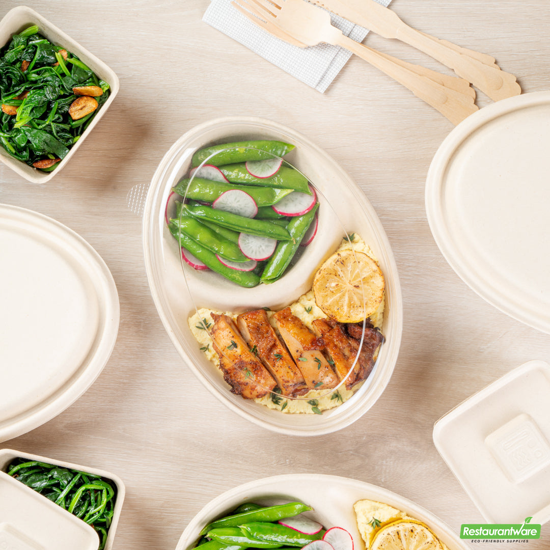 Wholesale Restaurantware Pulp Tek Oval Clear Plastic Lid - Fits 2-Compartment Bagasse Catering Bowl- Bulk