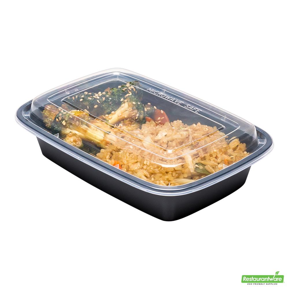 Wholesale Restaurantware Asporto 24 Oz Rectangle Black Plastic to Go Box - with Clear Lid, Microwavable - 8" X 5 1/4" X 1 3/4"- Bulk
