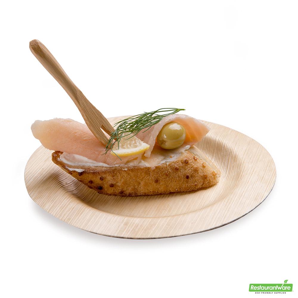 Wholesale Restaurantware Bundle: 100 7 Oz Round Natural Wood Incline Cups and 100 Mini Forks- Bulk