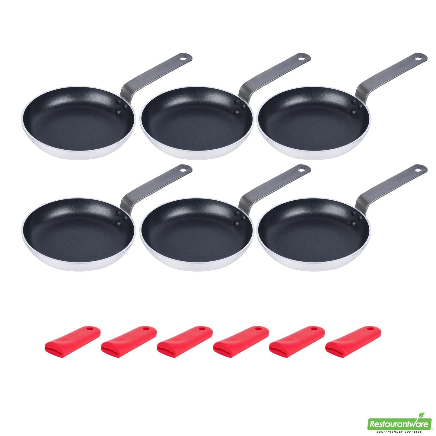 Wholesale Restaurantware Bundle: 6 Aluminum 8" Induction Ready Fry Pans and 6 Red Sleeves- Bulk