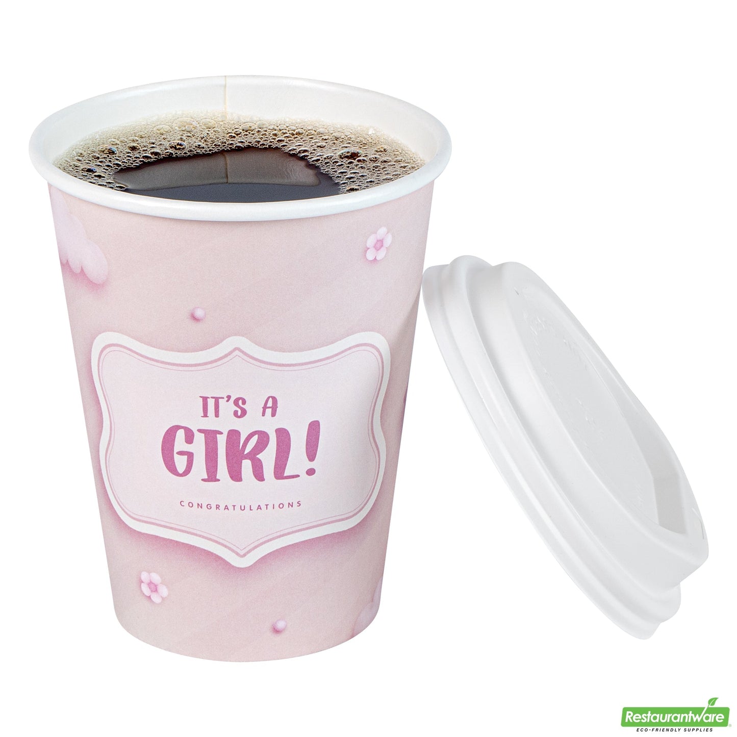 Wholesale Restaurantware Restpresso 12 Oz It's a Girl Paper Single Wall Coffee Cup - with White Lid - 3 1/2 X 3 1/2 X 4 3/4 - 400 Count Box- Bulk