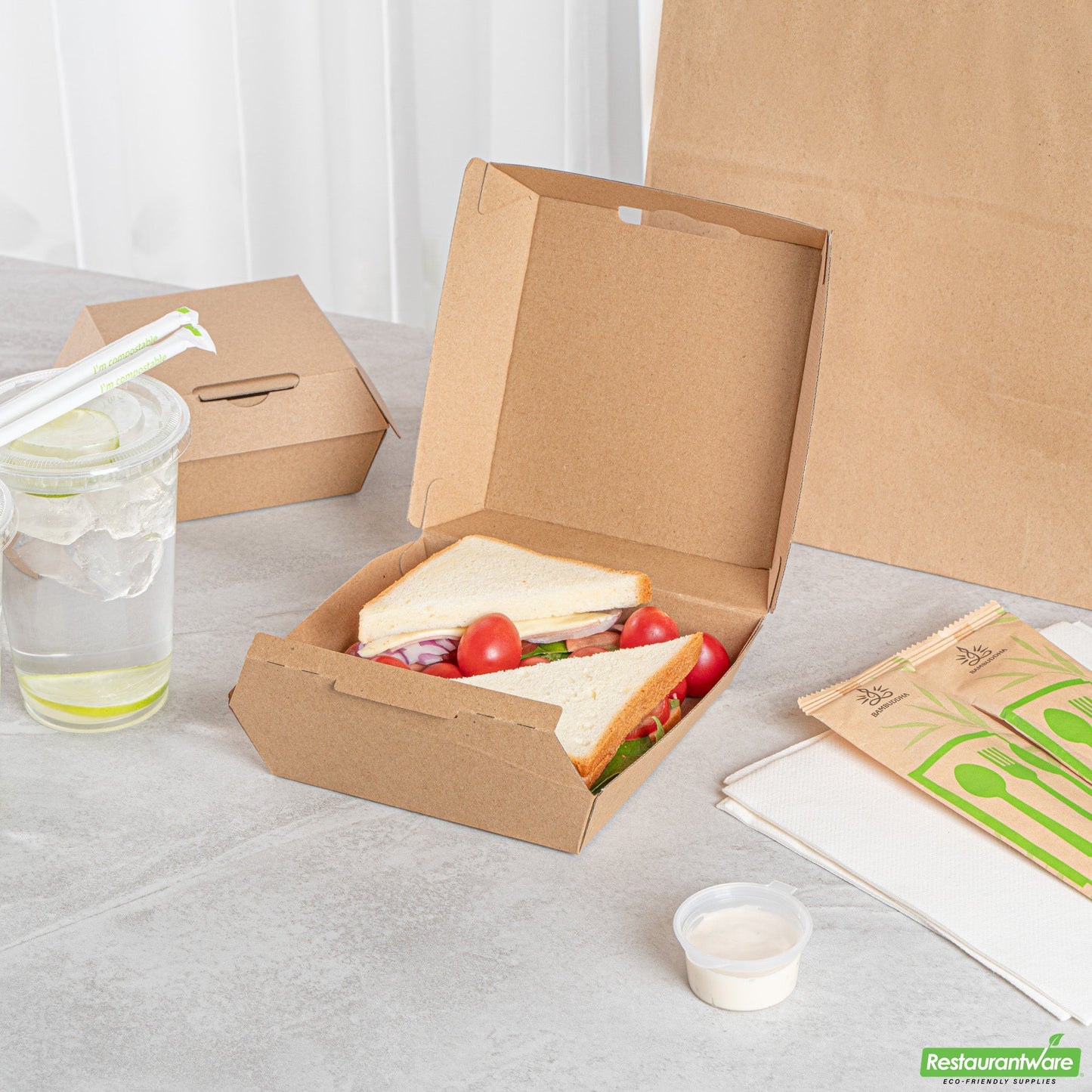 Wholesale Restaurantware Bio Tek Square Kraft Paper Corrugated Clamshell Container - 5 1/2" X 5 1/2" X 2 3/4" - 100 Count Box- Bulk
