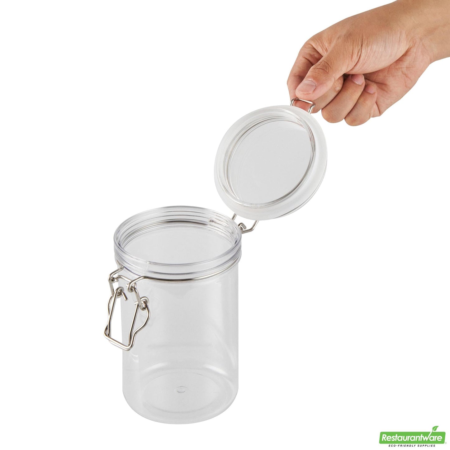 Wholesale Restaurantware Met Lux 24 Oz Round Clear Plastic Storage Jar - with Hinged Lid - 3 1/2" X 3 1/2" X 6" - 20 Count Box- Bulk