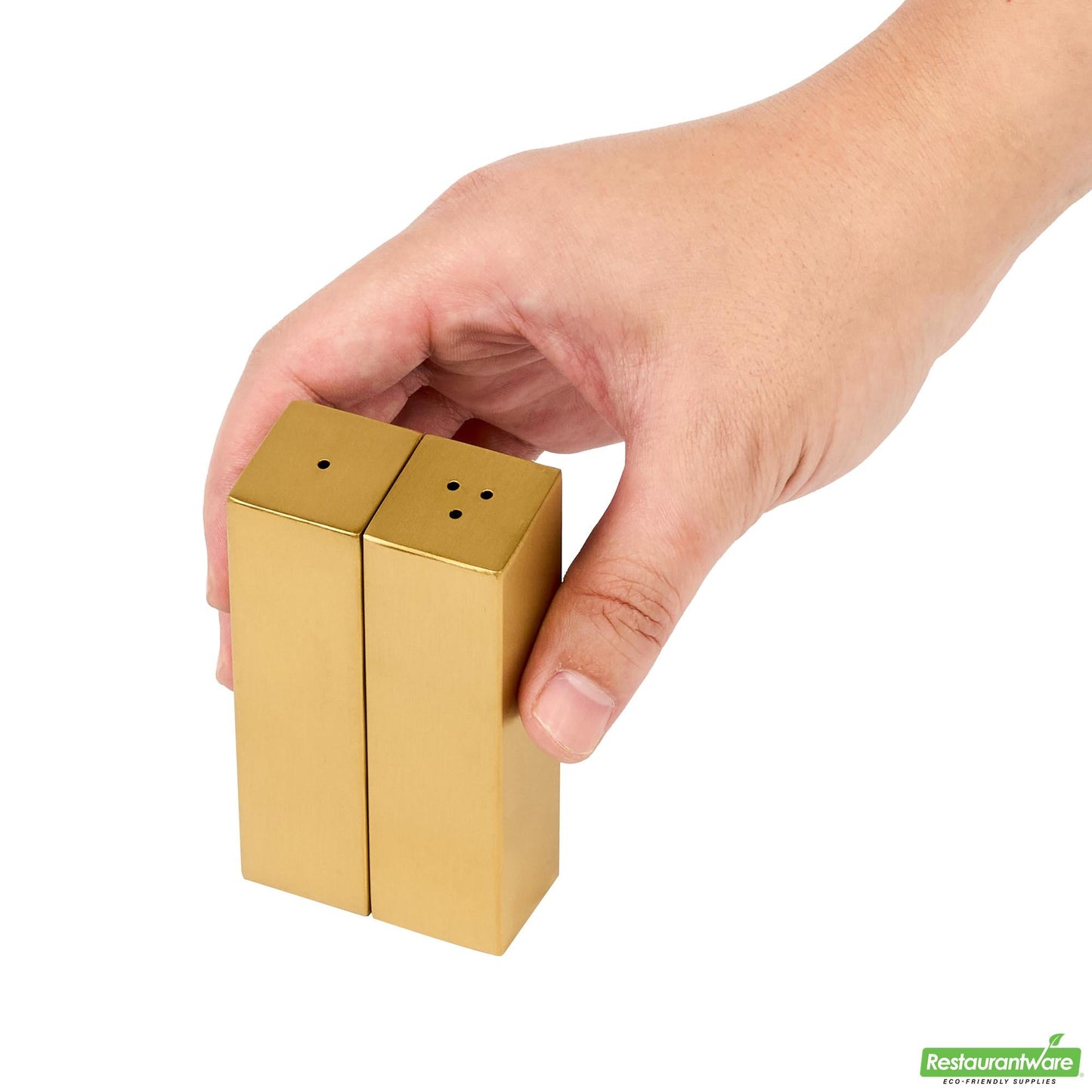 Wholesale Restaurantware 2 Oz Gold Stainless Steel Rectangular Salt and Pepper Shaker Set - 1" X 1" X 3 1/4" - 1 Count Box- Bulk