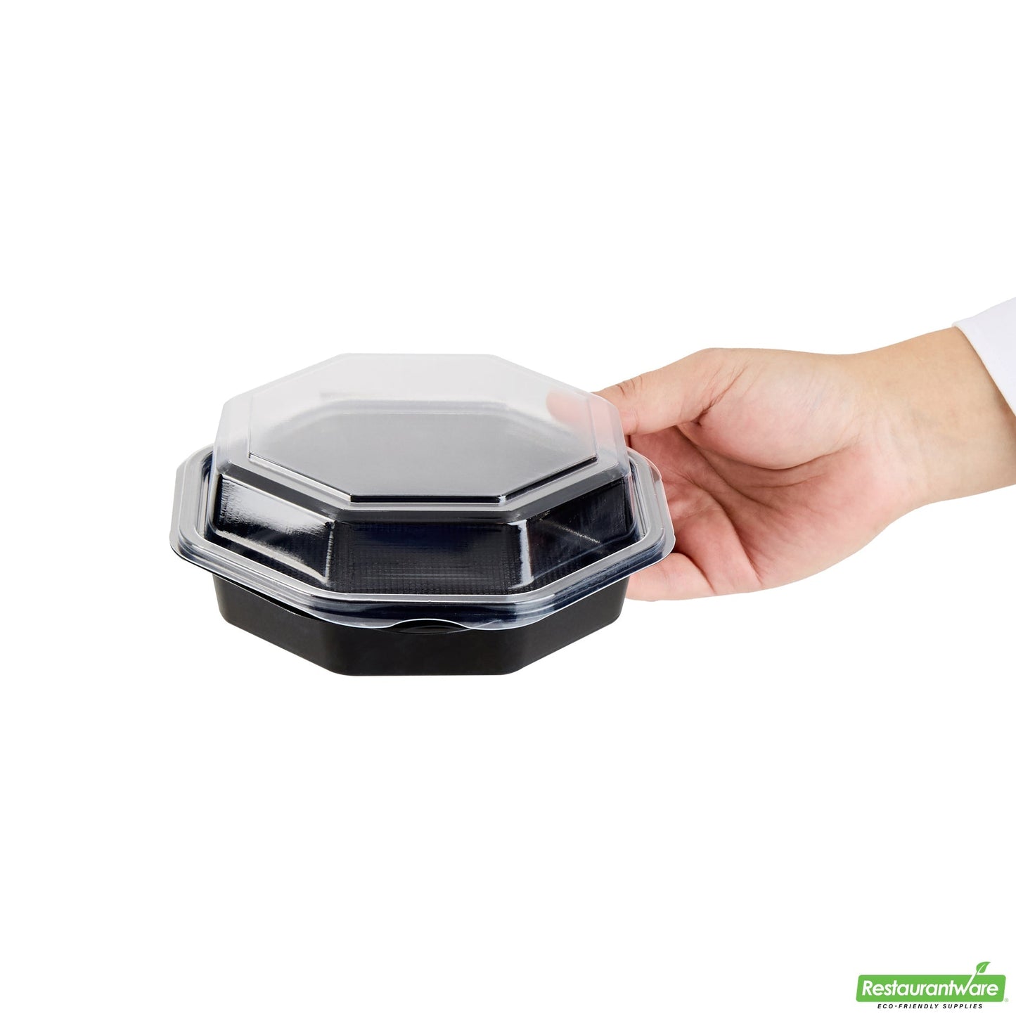 Wholesale Restaurantware Octagon Black Plastic Food Container - with Clear Lid - 6 1/4" X 6 1/4" X 2" - 100 Count Box- Bulk
