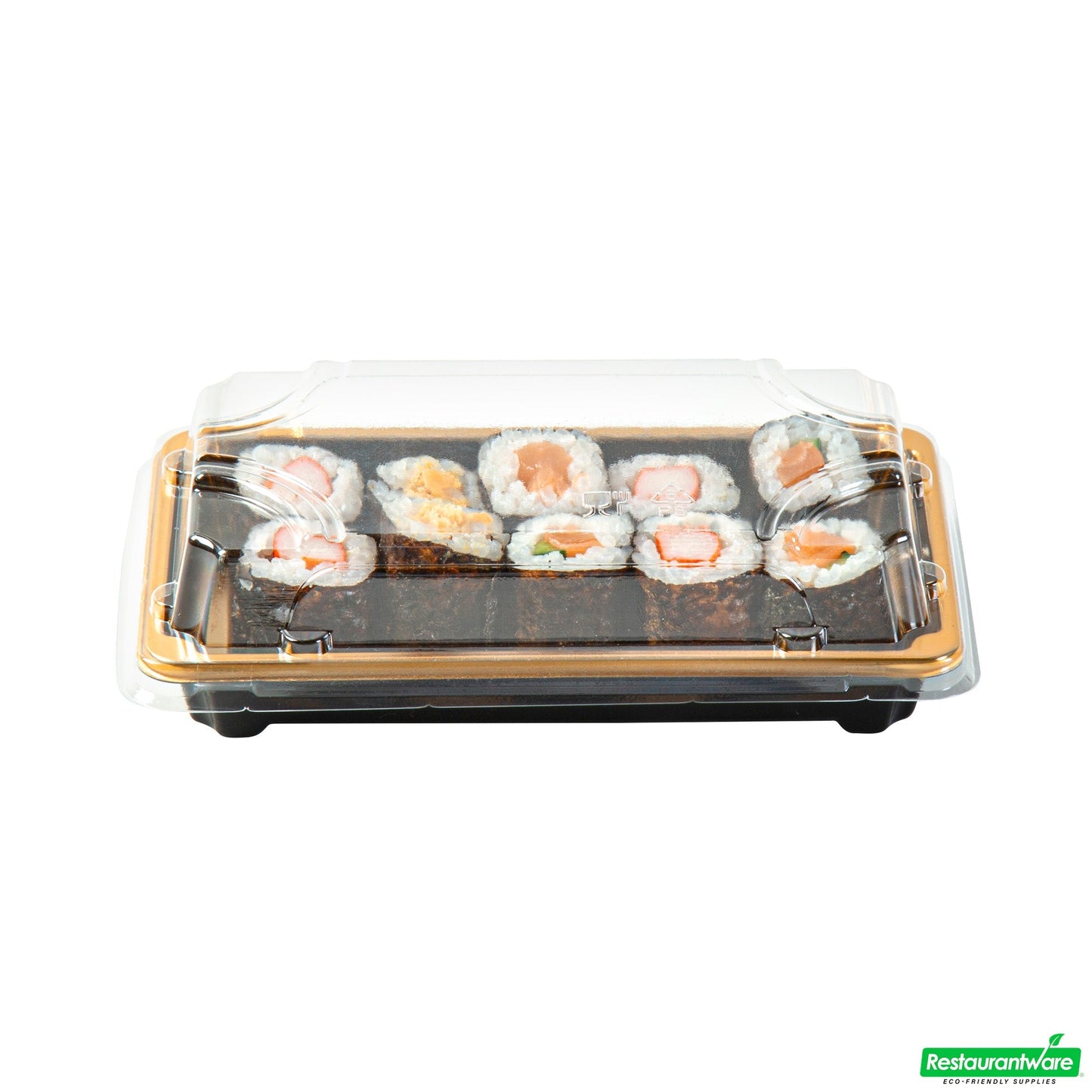 Wholesale Restaurantware Roku Rectangle Gold Plastic Take Out Sushi Tray - with Clear Lid - 6" X 3 1/2" X 1 3/4" - 100 Count Box- Bulk