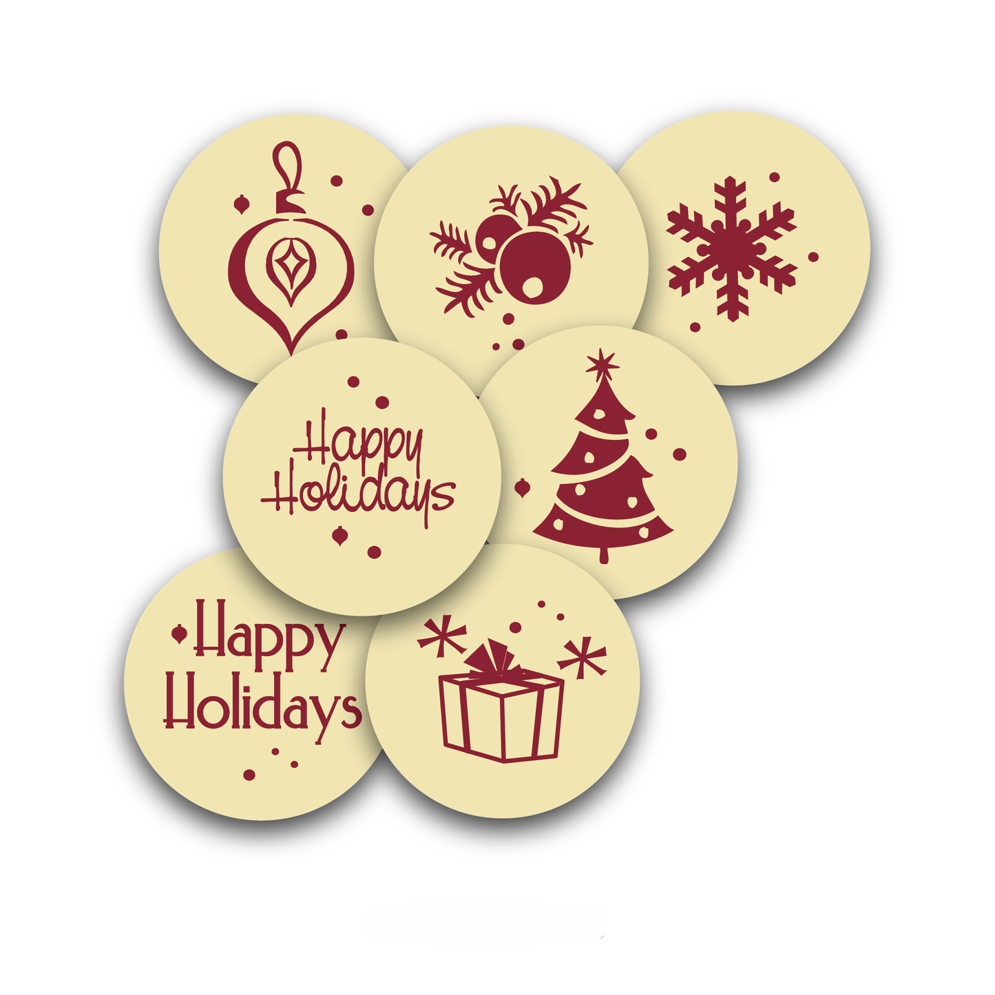 Wholesale Sweet Swiss Confections Happy Holidays Script Assorted Round White Chocolate Holiday Décor- Bulk