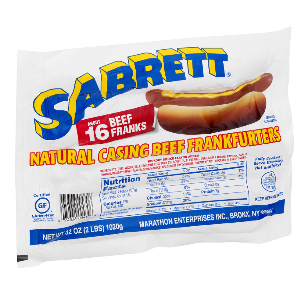 Wholesale Sabrett Each Natural Casing Beef Franks Hot Dogs 8:1- Bulk