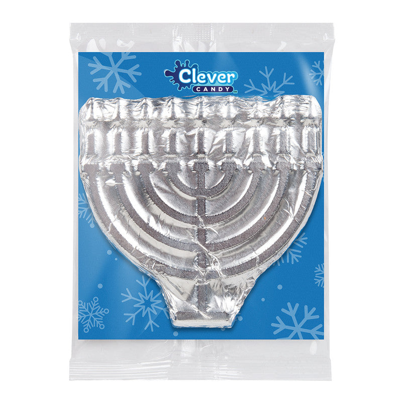 Wholesale Müttenberg Candy Silver Foiled Solid Milk Chocolate Menorah 3 Oz- Bulk