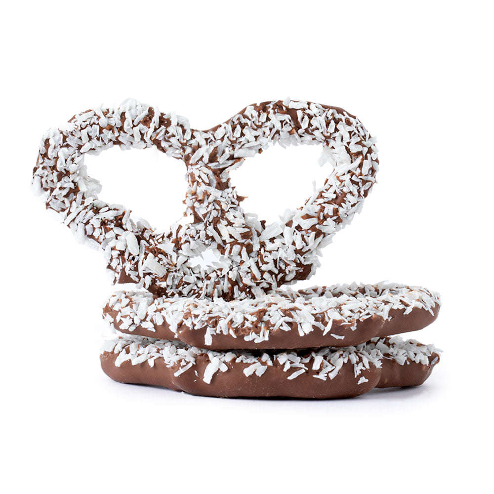 Wholesale BoxNCase Milk Chocolatey Coated Coconut Premier Pretzels- Bulk