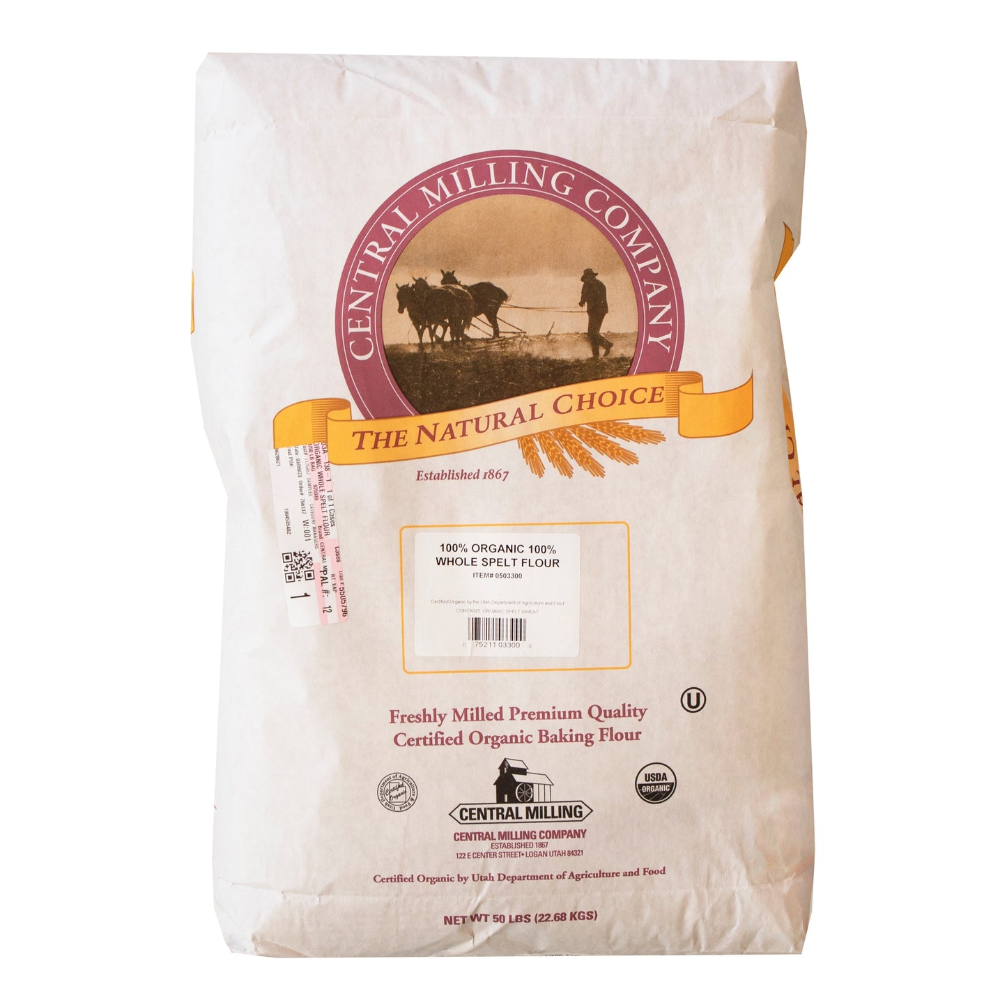 Wholesale Central Milling Organic Whole Spelt Flour 50lb- Bulk