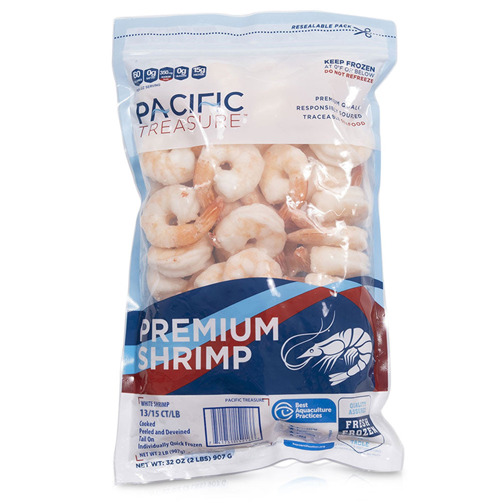Wholesale Pacific Treasu Cooked 13/15 Shrimp P&D T-On | 2 lb- Bulk