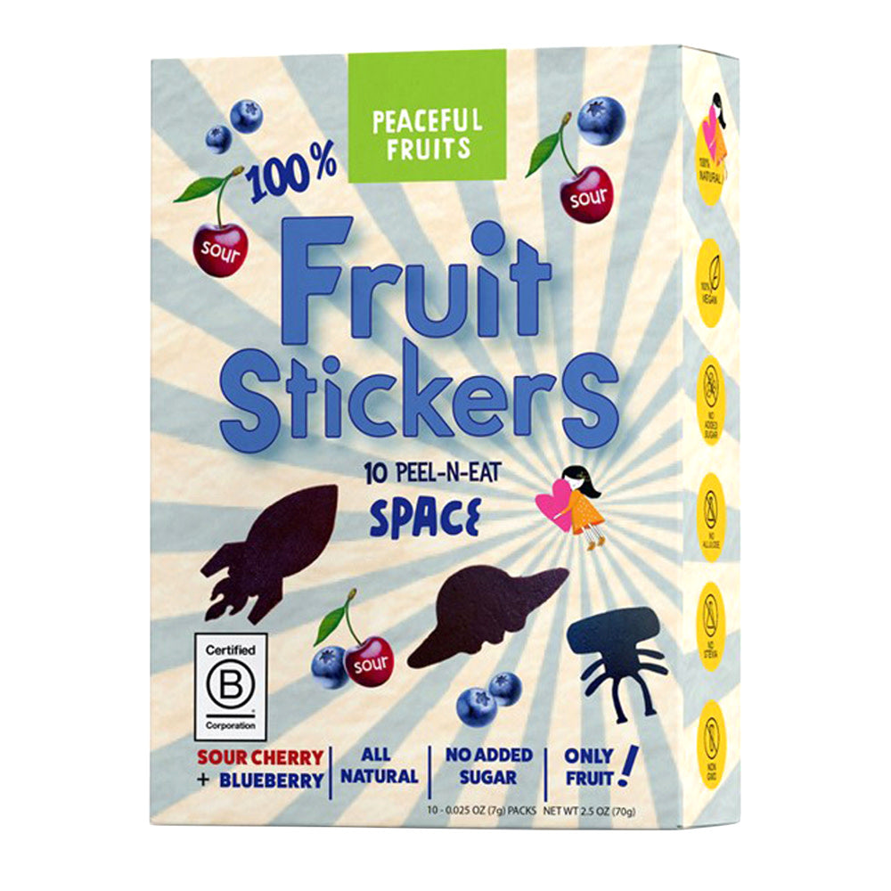 Peaceful Fruits Sour Cherry And Blueberry Space Fruit Stickers 10 Count 2.5 Oz Box