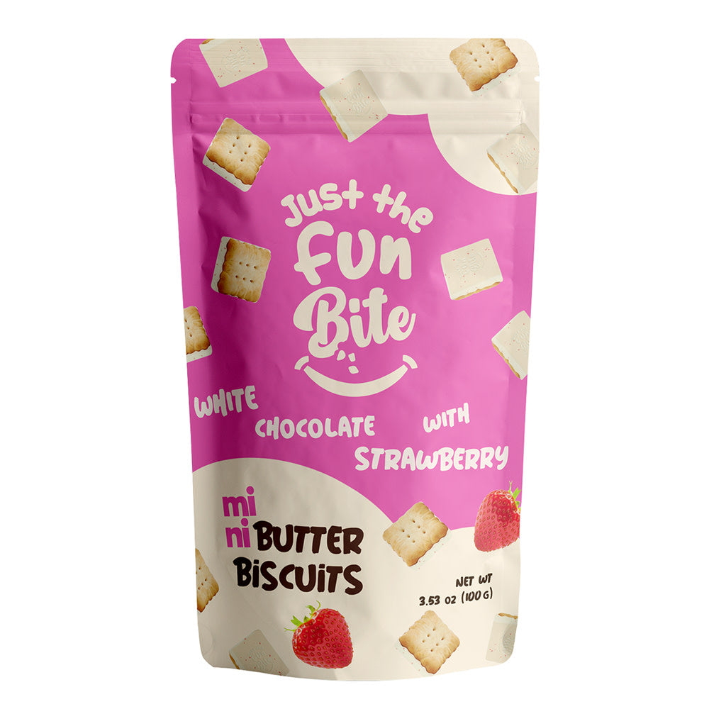 Wholesale Just The Fun Bite Mini Biscuit White Chocolate Strawberry 3.53 Oz Pouch- Bulk