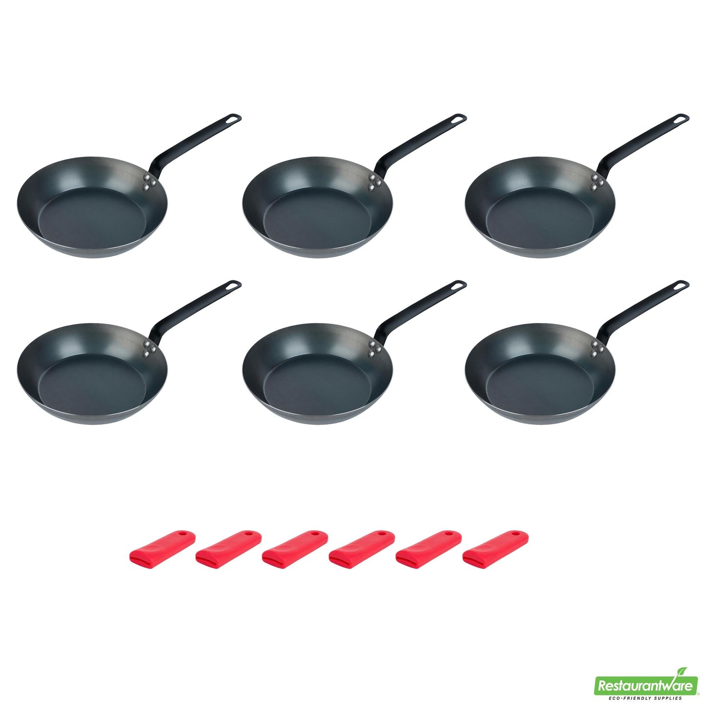 Wholesale Restaurantware Bundle: 6 Black Carbon Steel 10" Pre-Seasoned Fry Pans and 6 Sleeves- Bulk