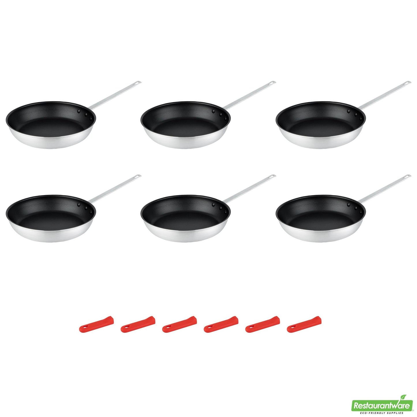 Wholesale Restaurantware Bundle: 6 Aluminum 12" Non-Stick Fry Pans and 6 Red Sleeves- Bulk