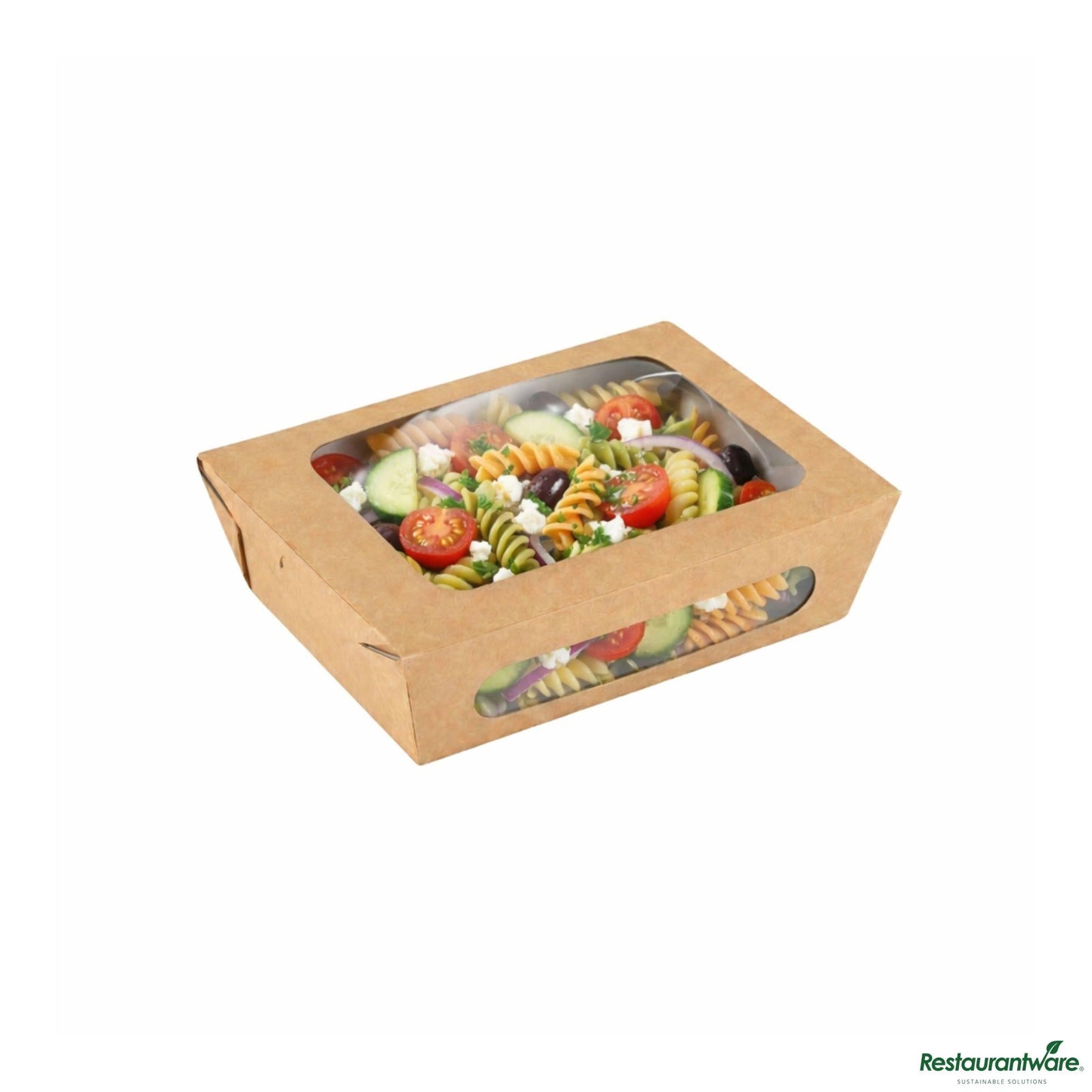 Wholesale Restaurantware Cafe Vision 28 Oz Rectangle Kraft Paper Small Bio Lunch Box - Two Windows - 6 1/4" X 4 3/4" X 2"- Bulk
