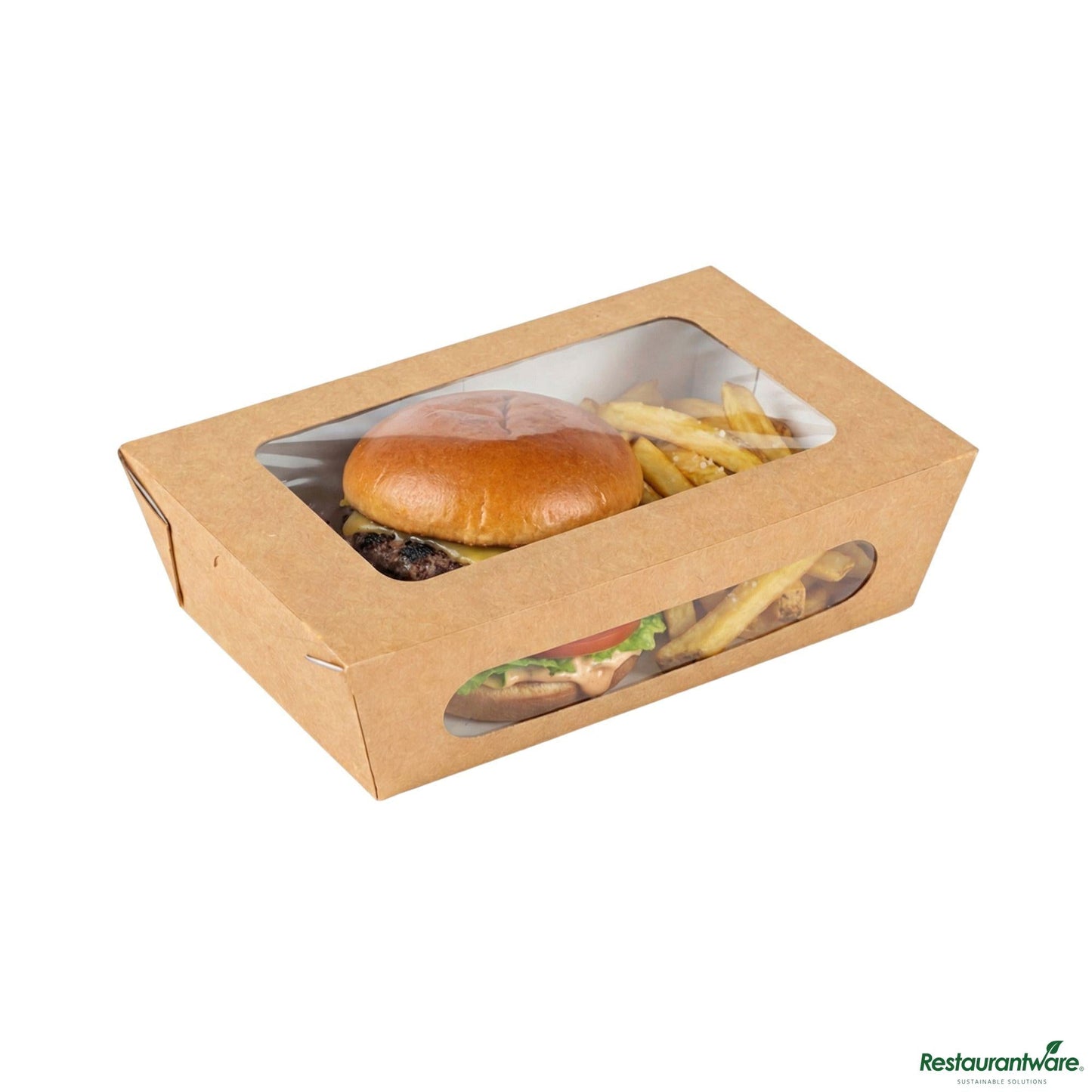 Wholesale Restaurantware Cafe Vision 57 Oz Rectangle Kraft Paper Extra Large Bio Lunch Box - Two Windows - 8" X 5 1/2" X 2 1/2"- Bulk