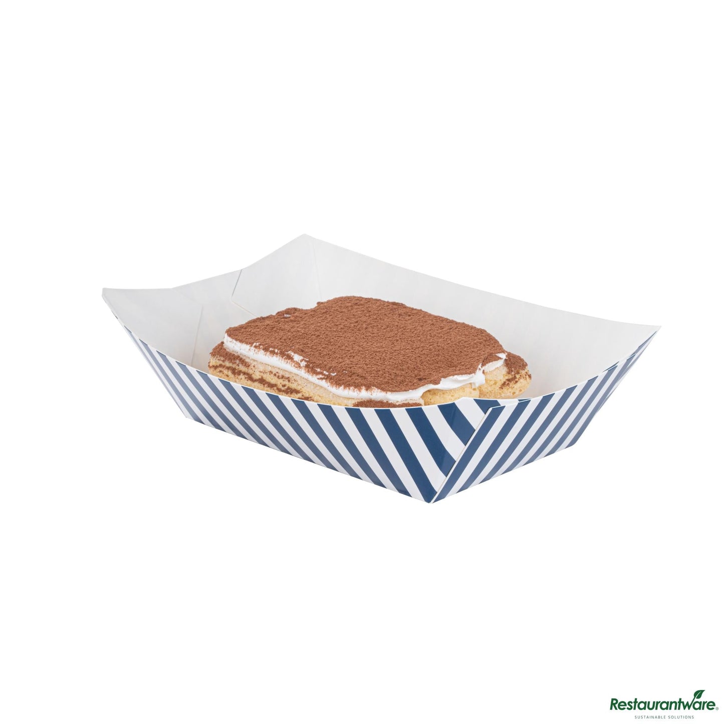 Wholesale Restaurantware Bio Tek 1 Lb Blue and White Stripe Paper #100 Boat - 5 1/2" X 3 1/2" X 2"- Bulk