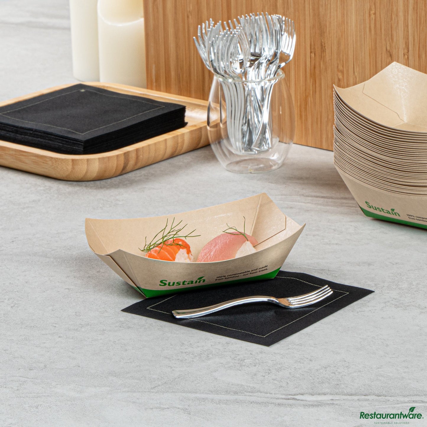 Restaurantware Sustain 6 Oz Bamboo Paper #40 Food Tray / Boat - Compostable - 3.3" X 2" X 1.4"
