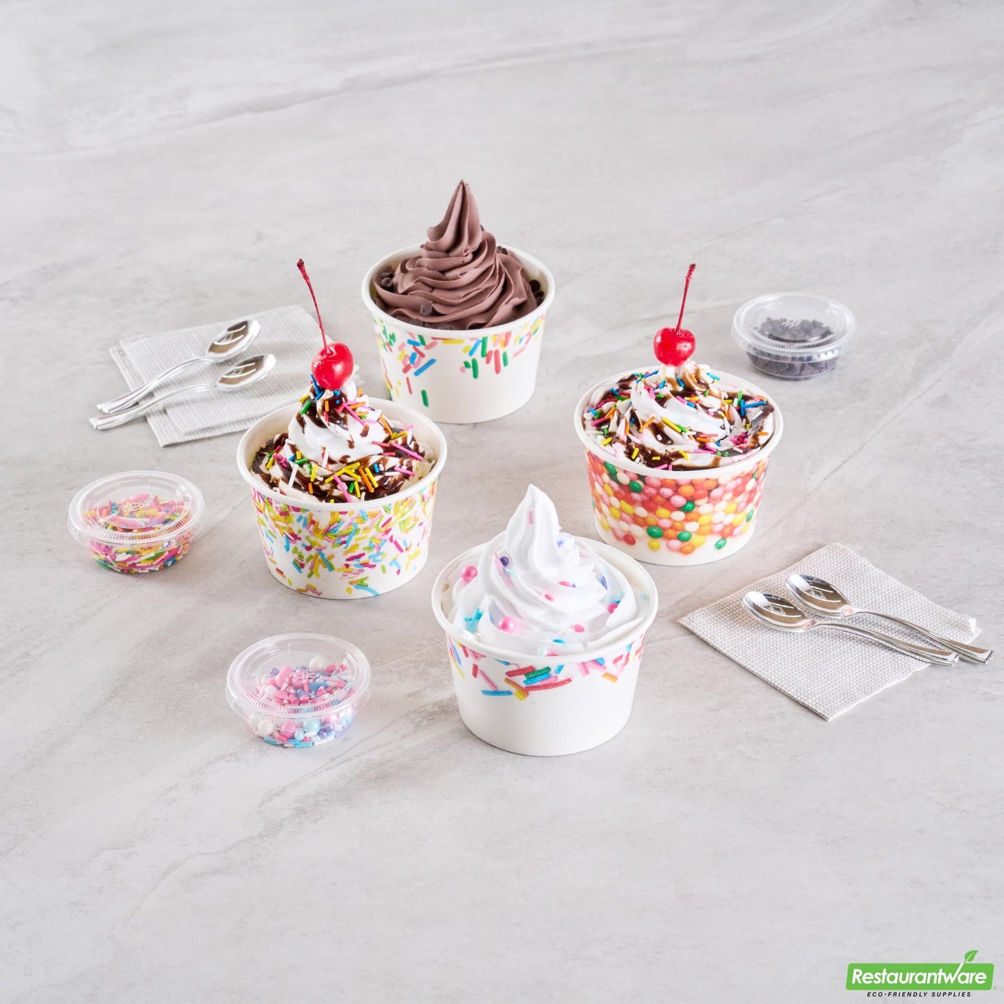 Wholesale Restaurantware 8 Oz Round White Assorted Sprinkle Paper to Go Cup - 3.8" X 3.8" X 2.3"- Bulk