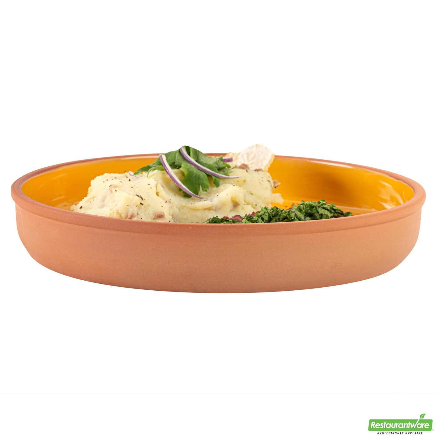 Restaurantware Terra Tek 34 Oz Terracotta Cazuela Bowl - Yellow Glazed Interior - 9 1/4'' X 9 1/4'' X 1 1/2''