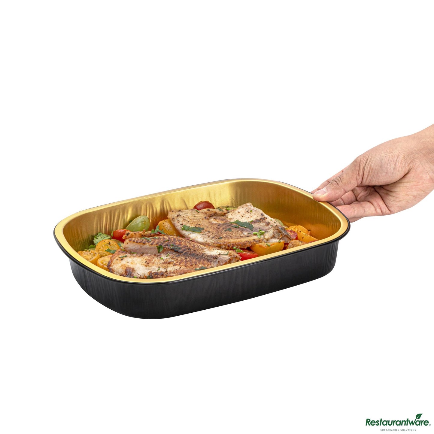 Wholesale Restaurantware 70 Oz Oblong Black and Gold Heavy-Duty Foil Entree / Take Out Pan - 11.3"×8.8"×2"- Bulk