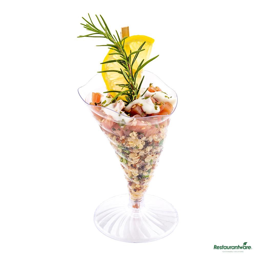 Wholesale Restaurantware 3 Oz Clear Plastic Nautilus Appetizer Cone - 2.9"×2.9"×4.4"- Bulk