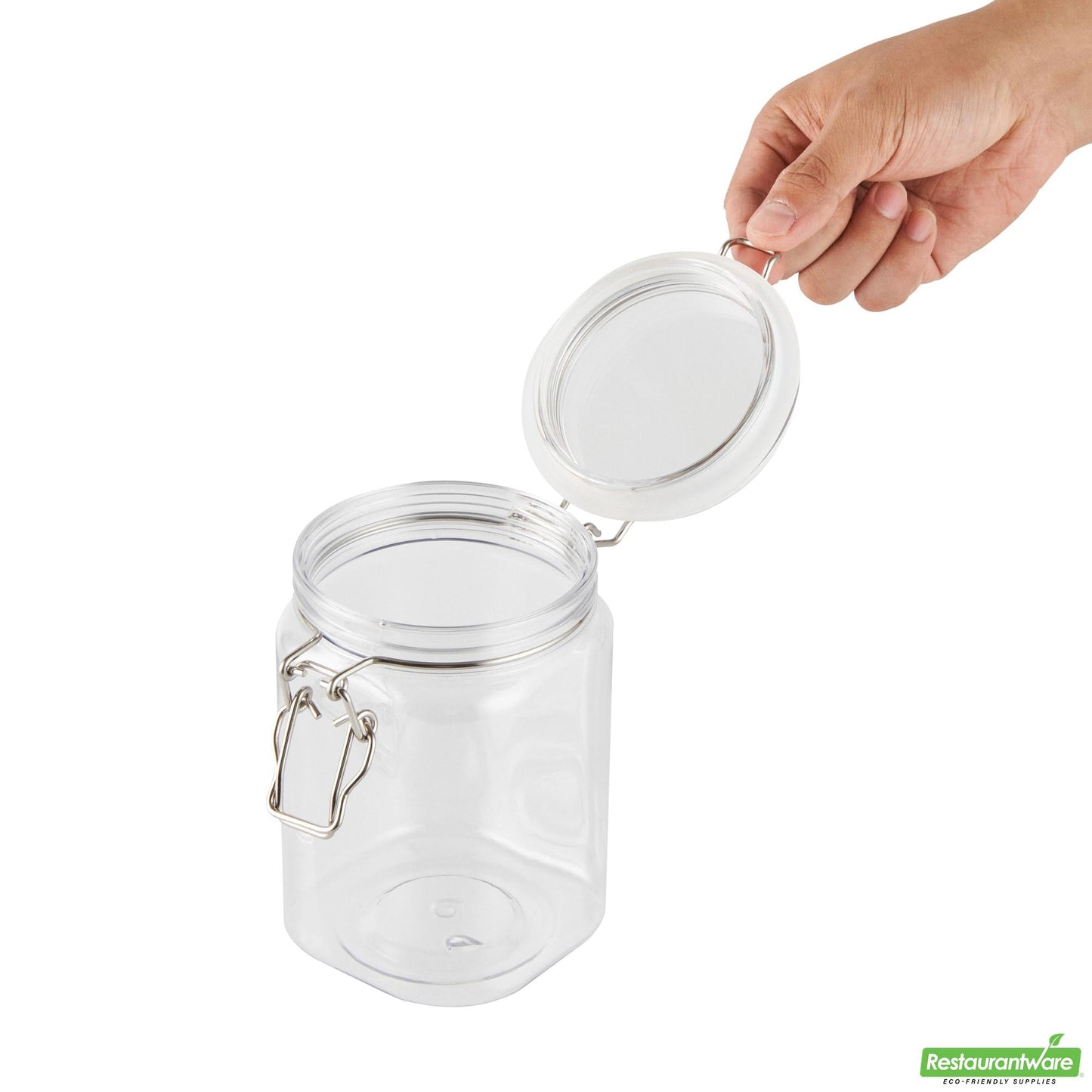 Wholesale Restaurantware Met Lux 29 Oz Square Clear Plastic Storage Jar - with Hinged Lid - 3 3/4" X 3 3/4" X 6" - 2 Count Box- Bulk