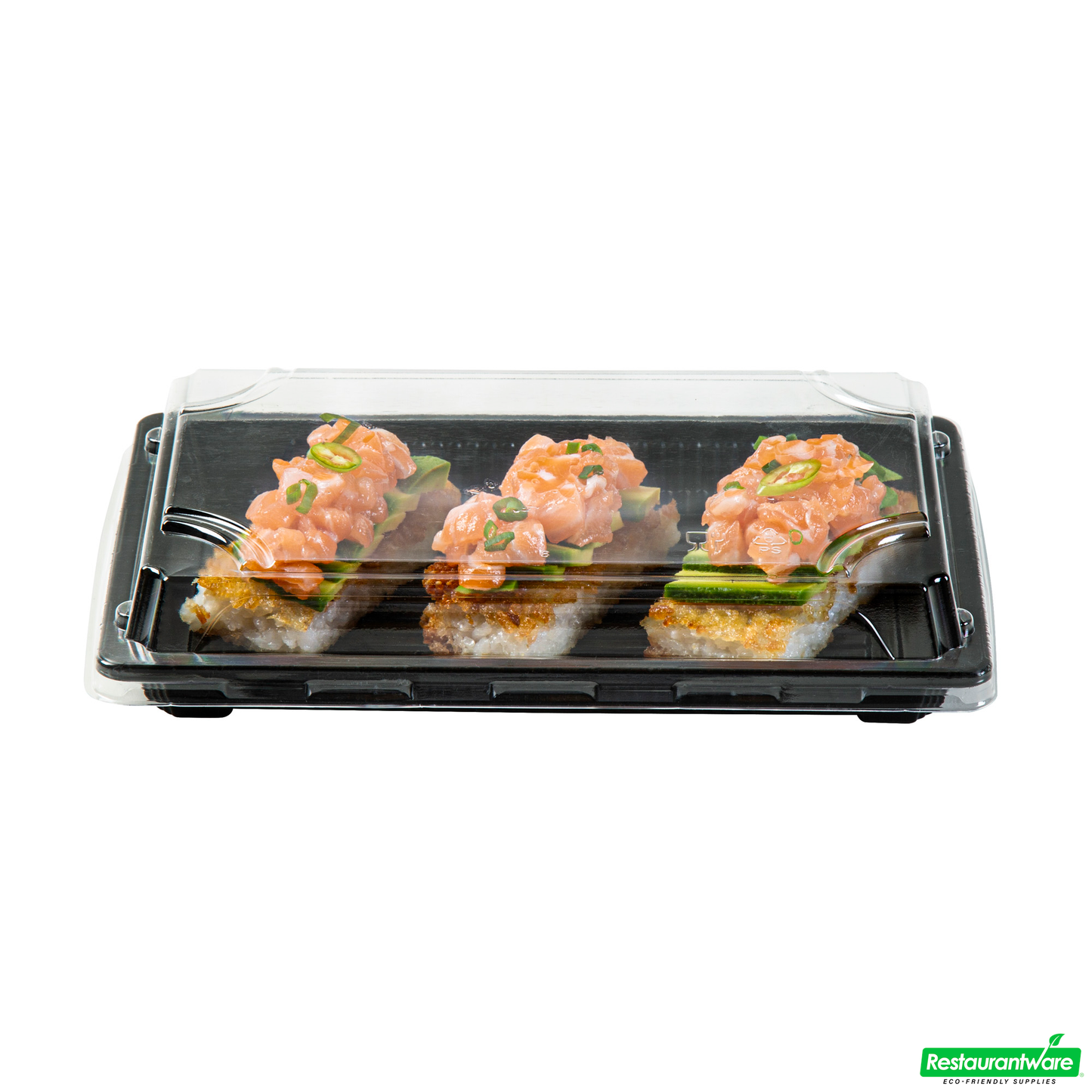 Wholesale Restaurantware Roku Rectangle Black Plastic Take Out Sushi Tray - with Clear Lid - 8 1/4" X 5 1/4" X 1 1/2" - 100 Count Box- Bulk