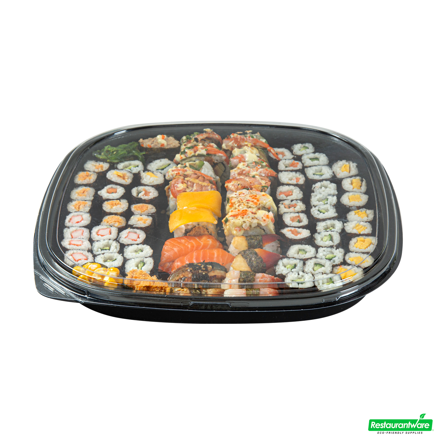Wholesale Restaurantware Roku Square Black Plastic Take Out Sushi Tray - with Clear Lid - 13 1/2" X 13 1/2" X 1 3/4" - 100 Count Box- Bulk
