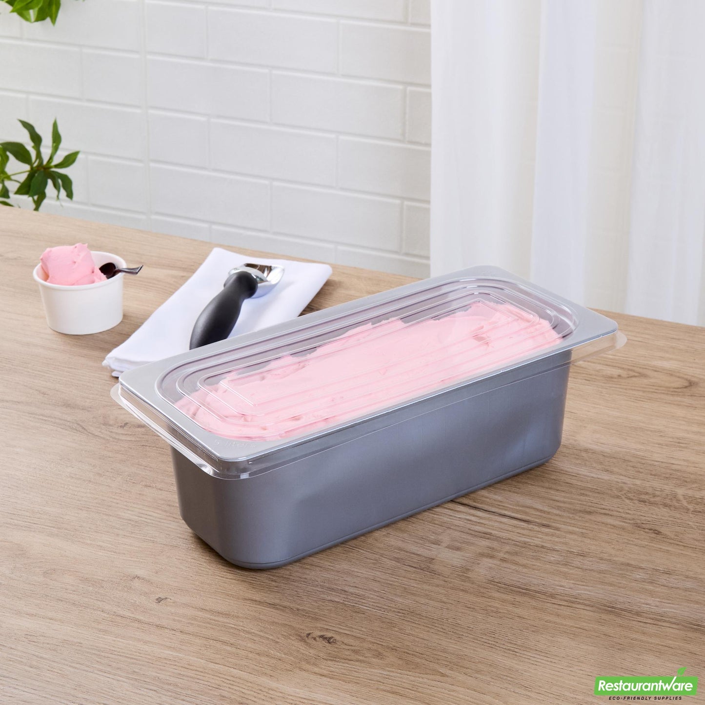 Wholesale Restaurantware 5 Qt Rectangle Gray Plastic Ice Cream Container - with Clear Lid - 13.6" X 6.5" X 4.7"- Bulk