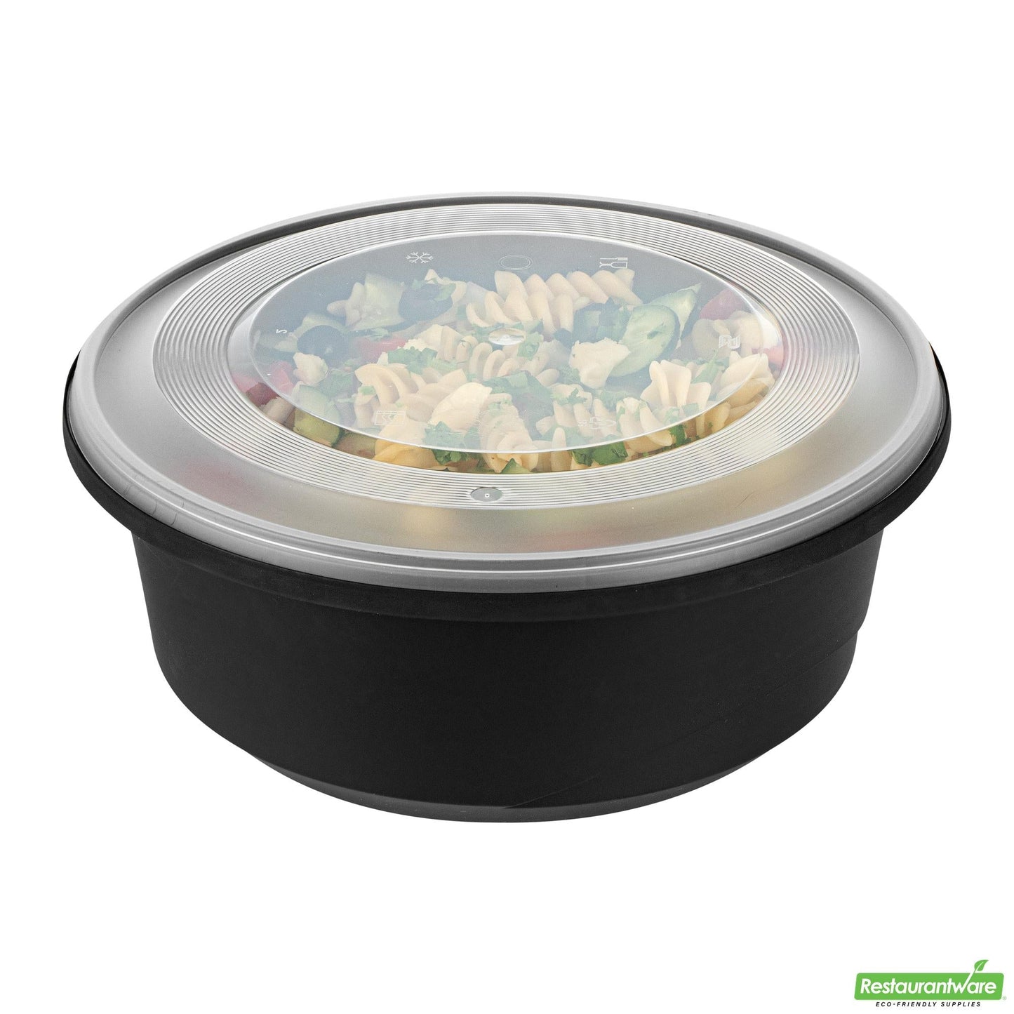 Wholesale Restaurantware Cater Tek 101 Oz Round Black Plastic Catering / Serving Bowl - with Clear Lid, Microwavable - 9 3/4" X 9 3/4" X 4" - 100 Count Box- Bulk