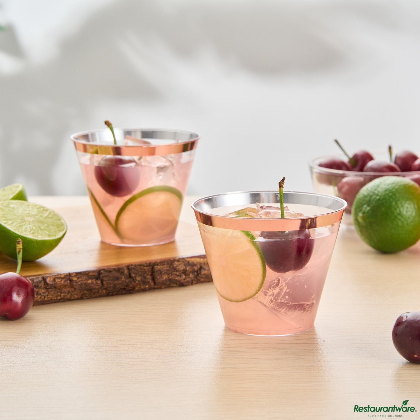 Wholesale Restaurantware 9 Oz Clear Plastic Tumbler - with Rose Gold Rim - 3.5" X 3.5" X 2.8"- Bulk