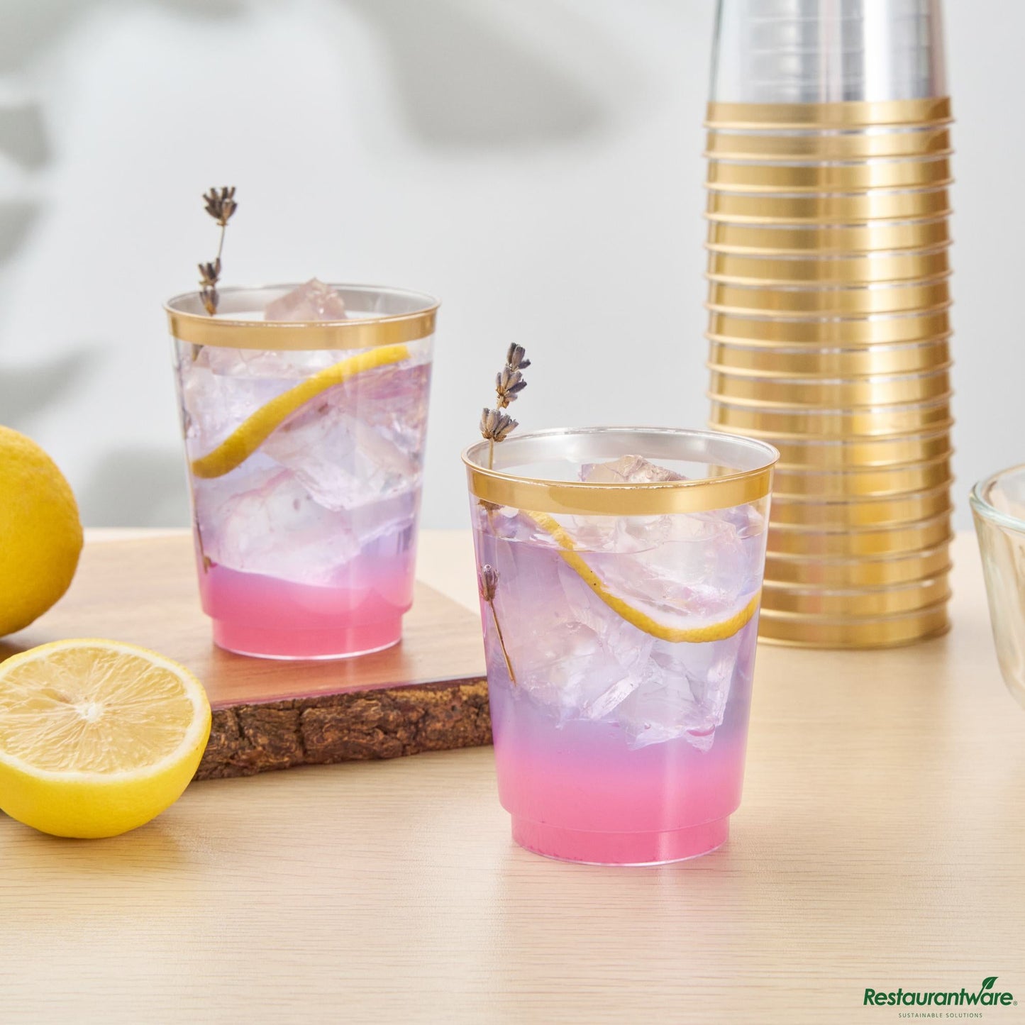 Wholesale Restaurantware 10 Oz Clear Plastic Tumbler - with Gold Rim - 3" X 3" X 3.8"- Bulk