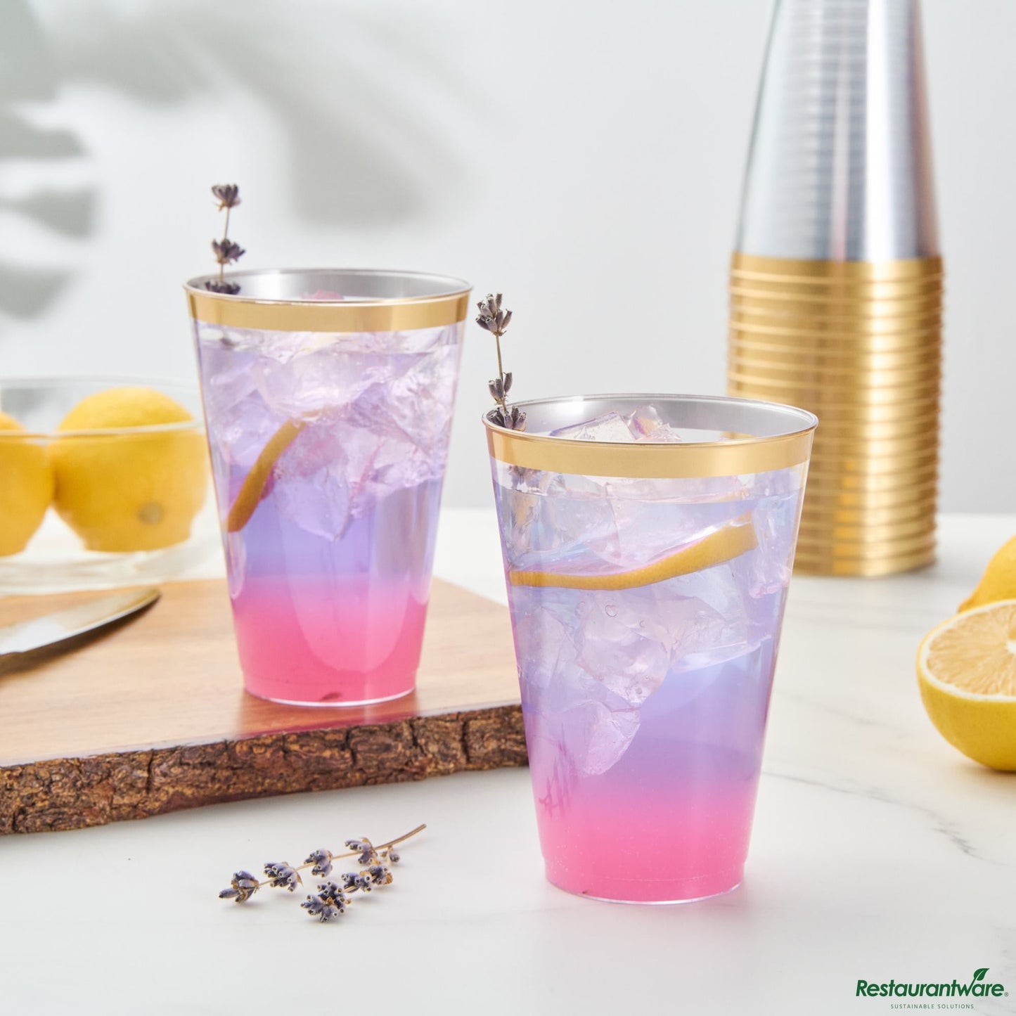 Wholesale Restaurantware 14 Oz Clear Plastic Tumbler - with Gold Rim - 3.3" X 3.3" X 4.8"- Bulk