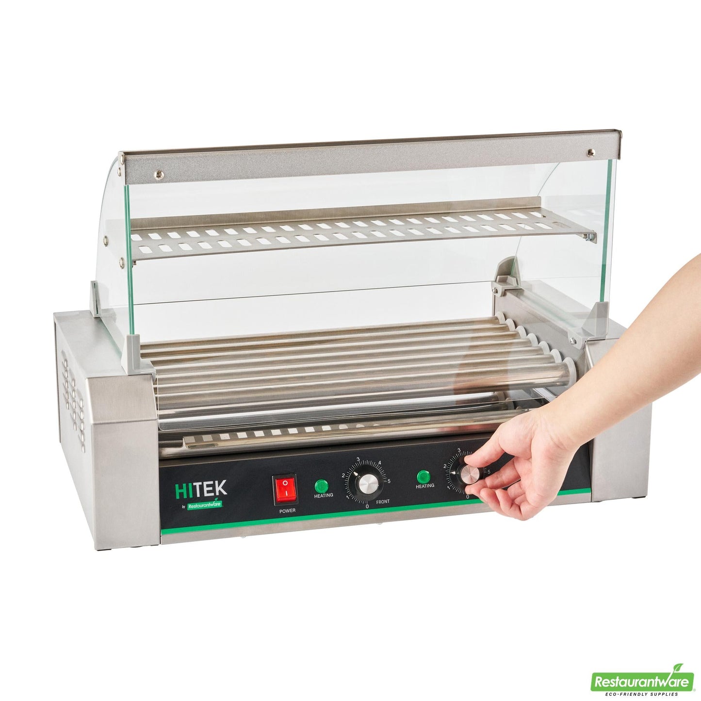 Wholesale Restaurantware Hi Tek Stainless Steel Hot Dog Roller Grill Warmer - Fits 18 Hot Dogs and 4 Buns, Sneeze Guard - 1 Count Box- Bulk