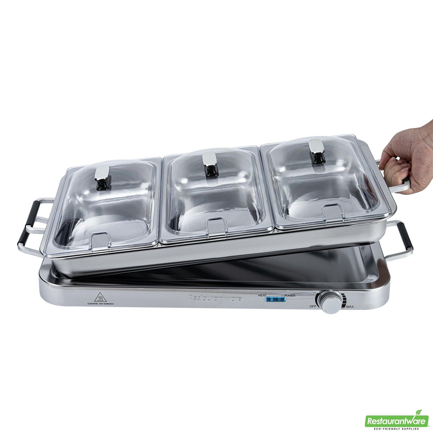 Wholesale Restaurantware Kitchen Tek Stainless Steel Buffet Server and Food Warmer - 120v, with (3) 2.5 Qt Buffet Pans and (1) 7.5 Qt Warming Tray - 1 Count Box- Bulk
