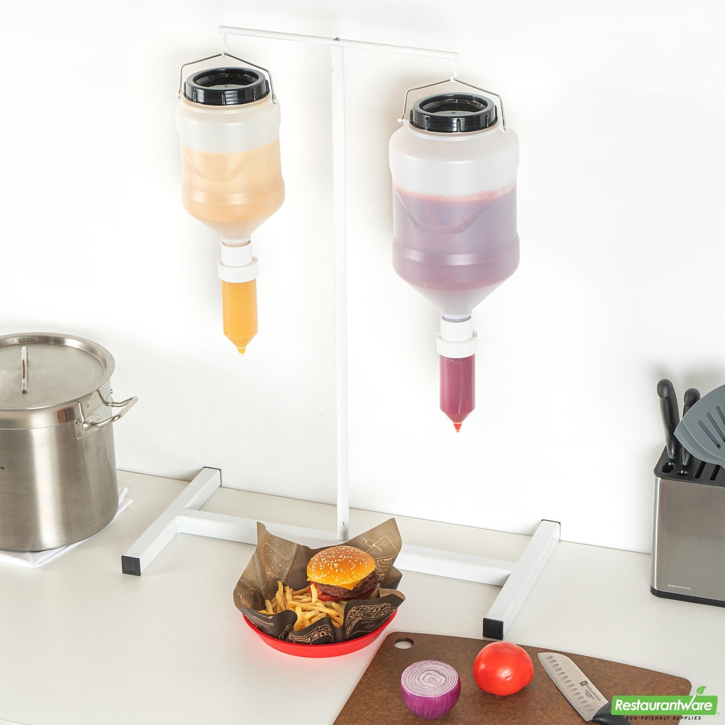 Wholesale Restaurantware 5l Plastic Hanging Bottle Condiment Pump Dispenser-with Squeeze Nozzle - 7.3" X 7.3" X 19.5"- Bulk