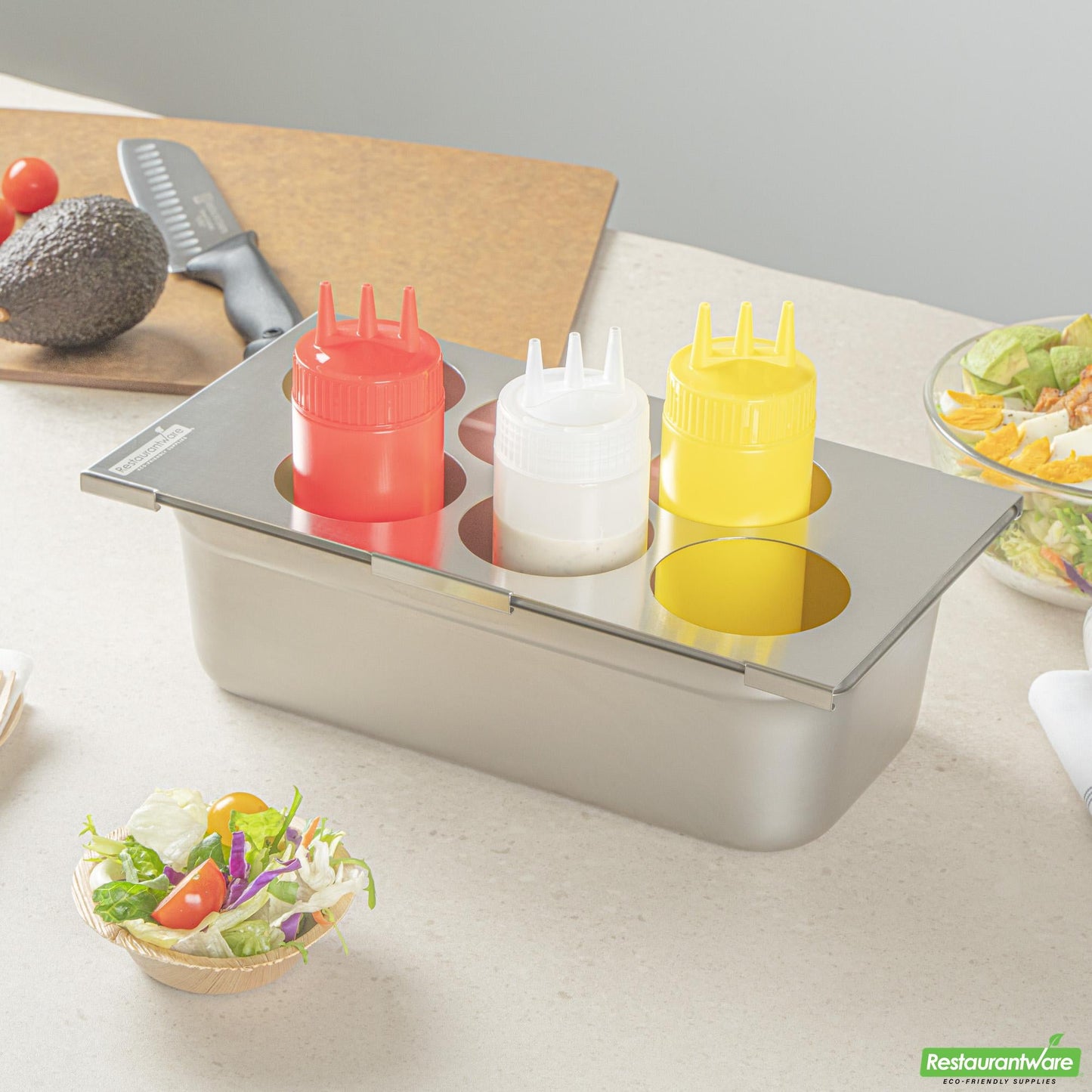 Wholesale Restaurantware Six Hole Stainless Steel Squeeze Bottle Holder Top - 12.8" X 7.1" X 0.4"- Bulk