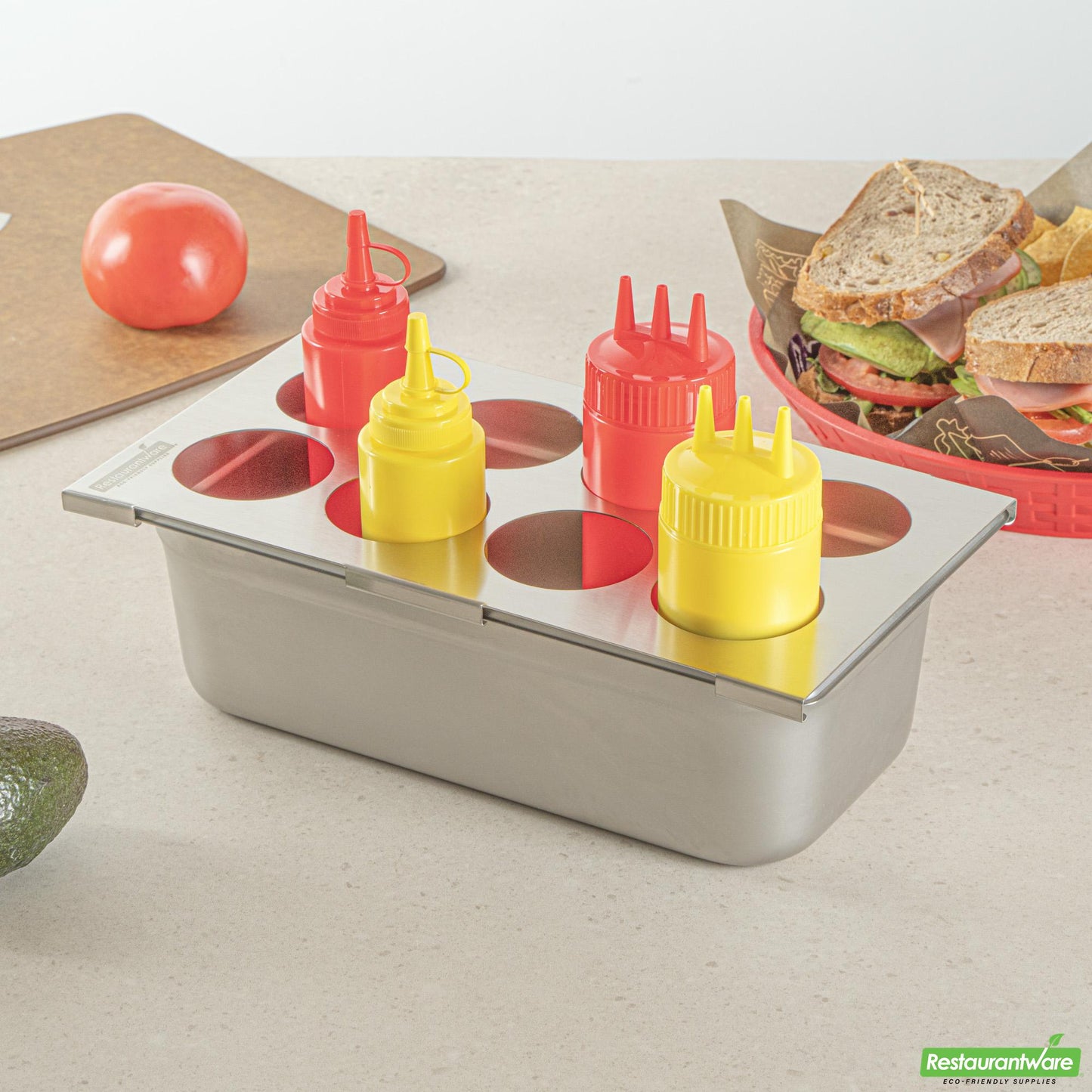 Wholesale Restaurantware Eight Hole Stainless Steel Squeeze Bottle Holder Top - 12.8" X 7.1" X 0.4"- Bulk