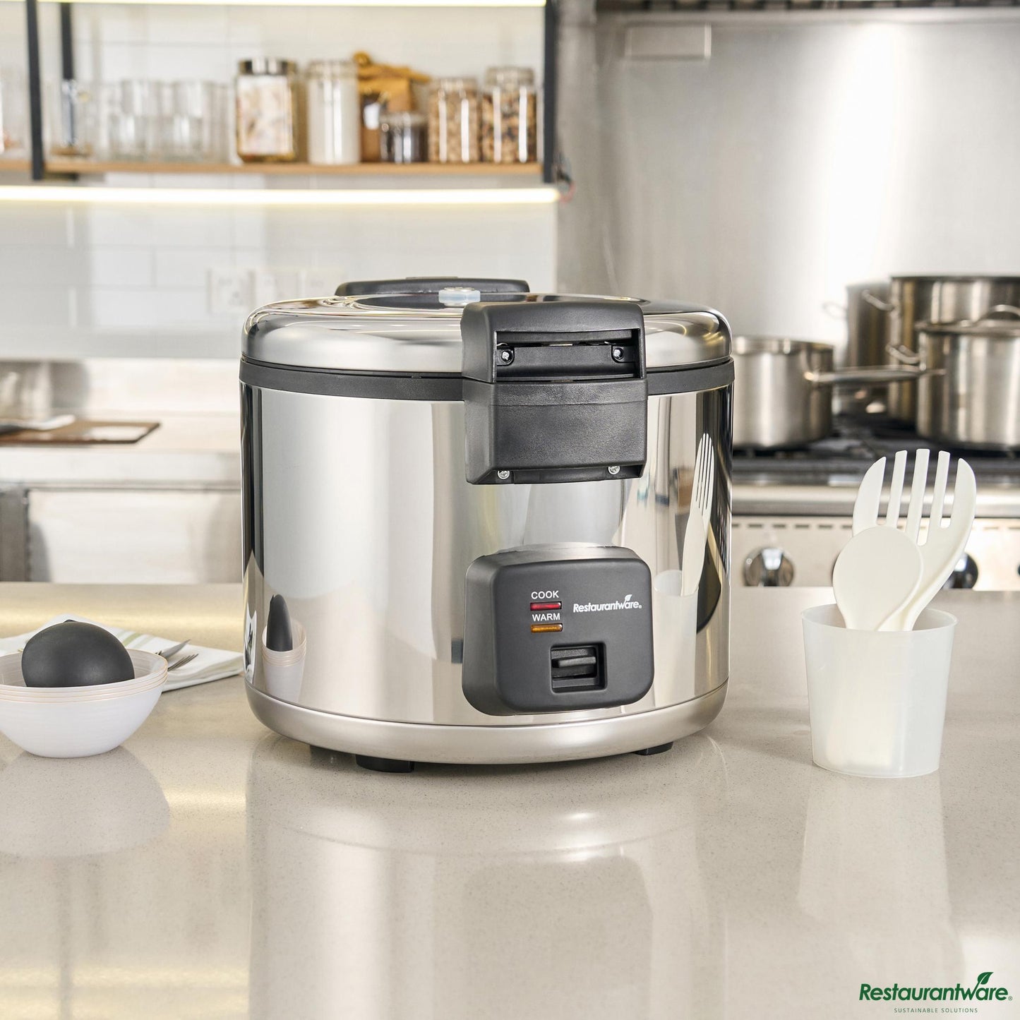 Wholesale Restaurantware 70 Cup (35 Cup Raw) Steel Electric Rice Cooker / Warmer - Hinged Lid - 17.5" X 17.5" X 16.5"- Bulk