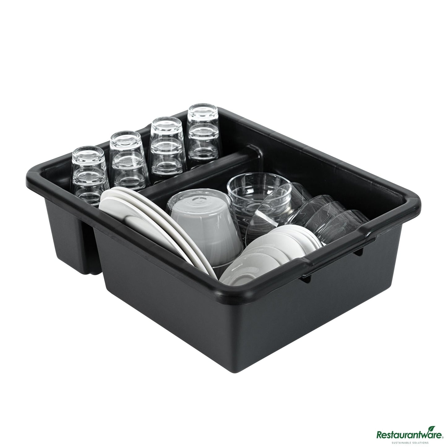 Wholesale Restaurantware Black Polypropylene Bus Tub / Bus Box - Divided, Deep, Easy Grip - 21.3" X 16.7" X 7.1"- Bulk