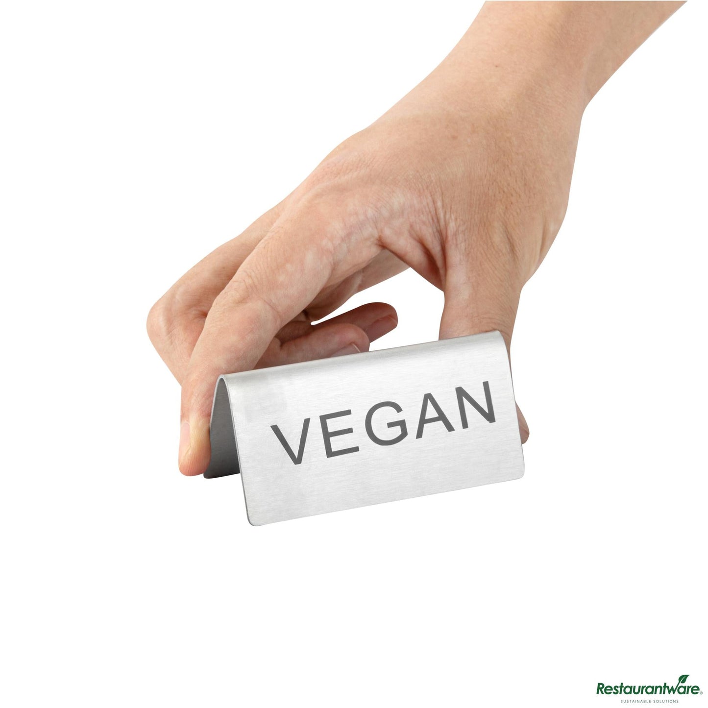 Wholesale Restaurantware Double-Sided Stainless Steel "Vegan" Table Tent Sign - 3"×1.2"×1.4"- Bulk