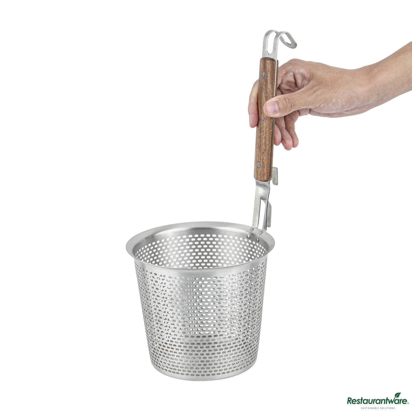 Wholesale Restaurantware Stainless Steel Noodle Strainer / Blanching Basket - Wooden Handle - 6.5"×6.5"×14.2"- Bulk