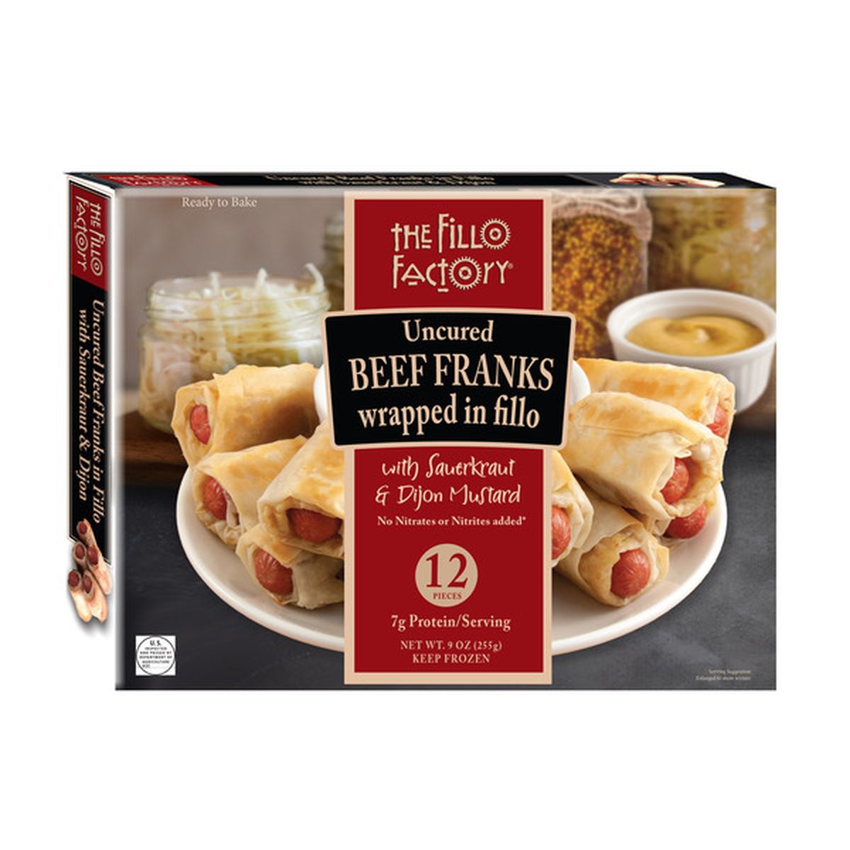 Wholesale Fillo Factory Uncured Beef Cocktail Franks W/ Mustard & Kraut Wrapped in Fillo Pastry, 9 OZ- Bulk